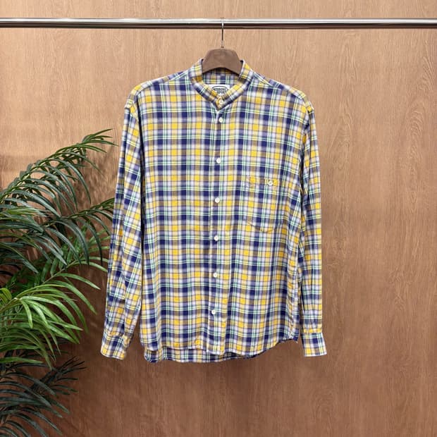 미쏘니 스포츠 코튼 긴팔 셔츠 체크 패턴 원 포켓 디테일 옐로우 네이비
