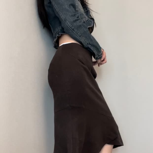 dark brown frill suede midi skirt
