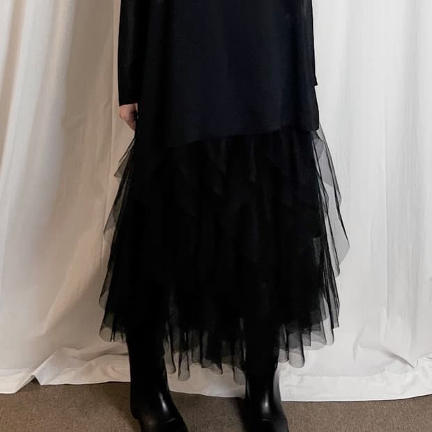 Layered Ruffle Tulle Long Skirt - Black