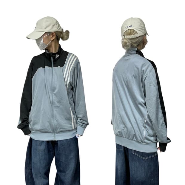 00s 아디다스 블루 블랙 오버핏 화이트 삼선 올드스쿨 트랙탑 져지 L