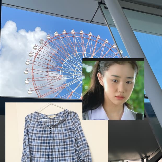 일본빈티지 청량 모리걸 유우깔 체크 7부 블라우스