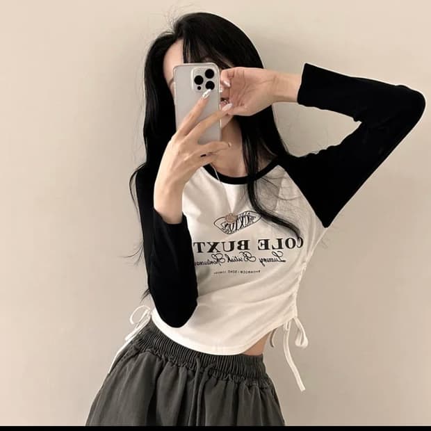 배색 나그랑 레터링 옆셔링 크롭 긴팔티셔츠 (검흰/free)