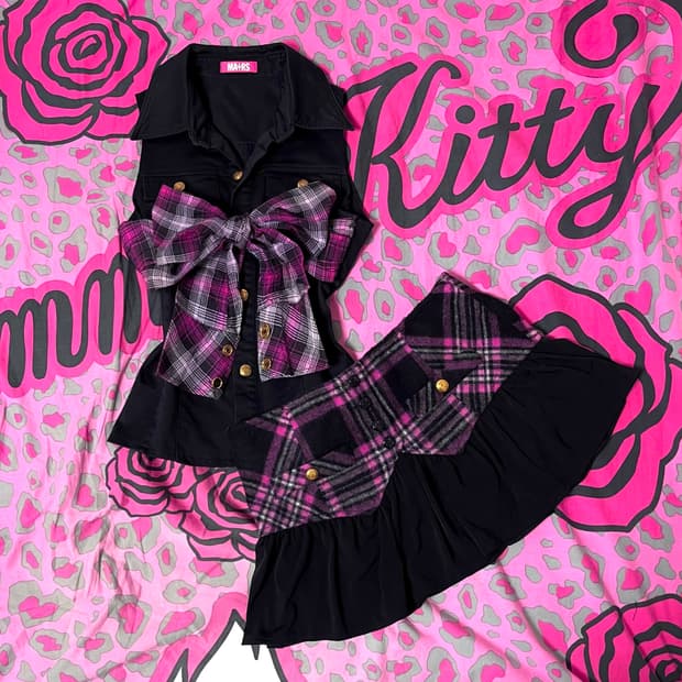 MA*RS마즈 블랙핑크 체크 셋업 히메오네갸루 핀터 스쿨고갸루 일본빈티지