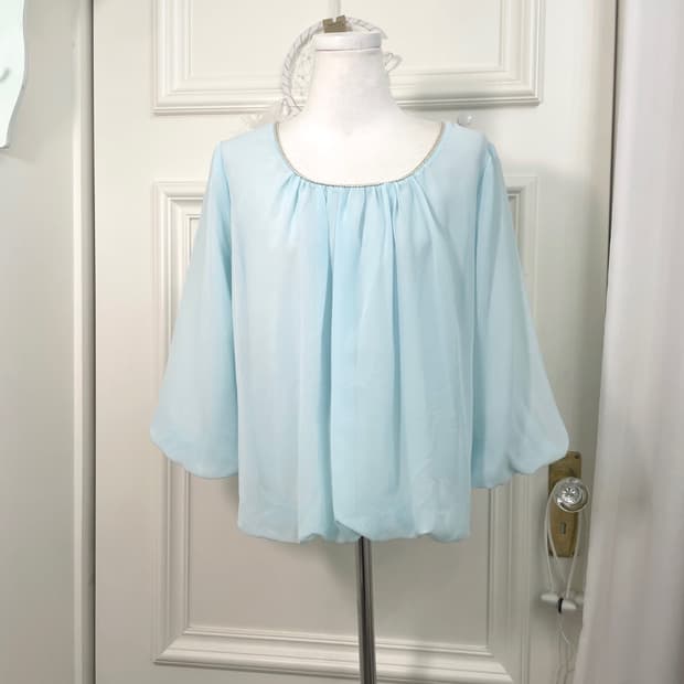 sky blue shirring loose summer blouse