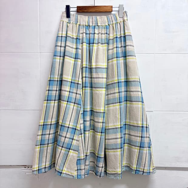 코튼 린넨 체크 플레어 모리걸 롱 스커트 M JPN