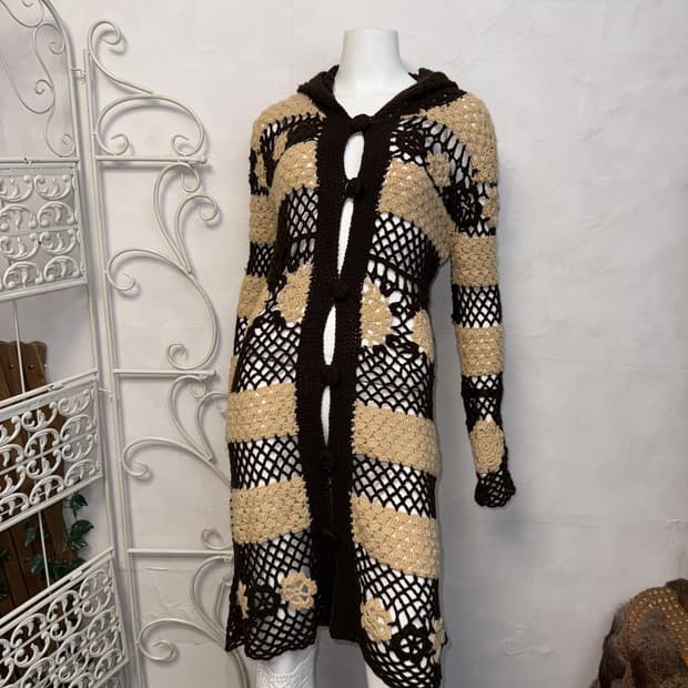 Beige brown flower crochet hood cardigan