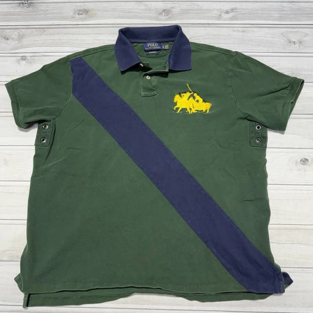 폴로 랄프로렌 사선 배색 트리플 포니 카라티 그린 네이비