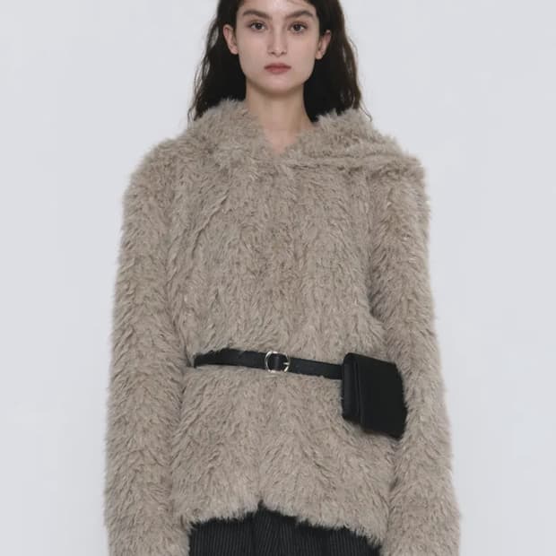 플레이스스튜디오 컬리 부클 헤비 에코 소프트 퍼 하프 후드 코트 그레이