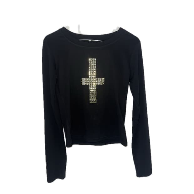 블랙 십자가 큐빅 크롭 긴팔티