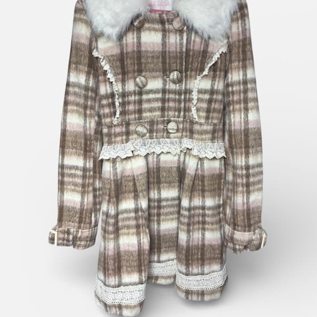 고전 대대장 리즈리사 백리본 퍼카라 딸기화이트초코 체크 코트 핀터깔