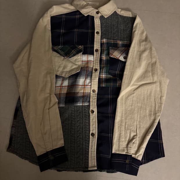 Japanese vintage 니트 패치워크 체크셔츠