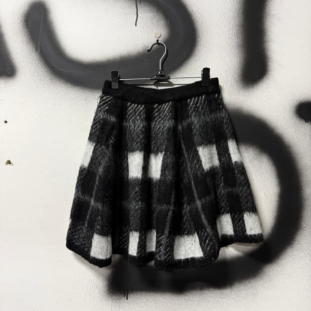 VTG 빈티지 블랙 체크 패턴 앙고라 모헤어 밴딩 플레어 미니 스커트