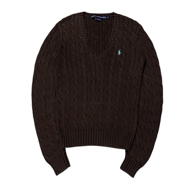 (S) 폴로 랄프로렌 여성 브이넥 케이블 니트 브라운