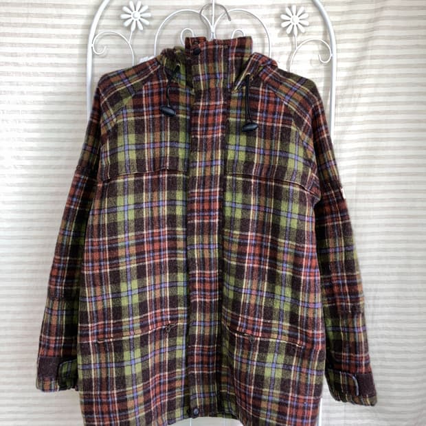 빈티지 그린 브라운 체크 후드 코트 y2k 스트릿 갸루 펑키486
