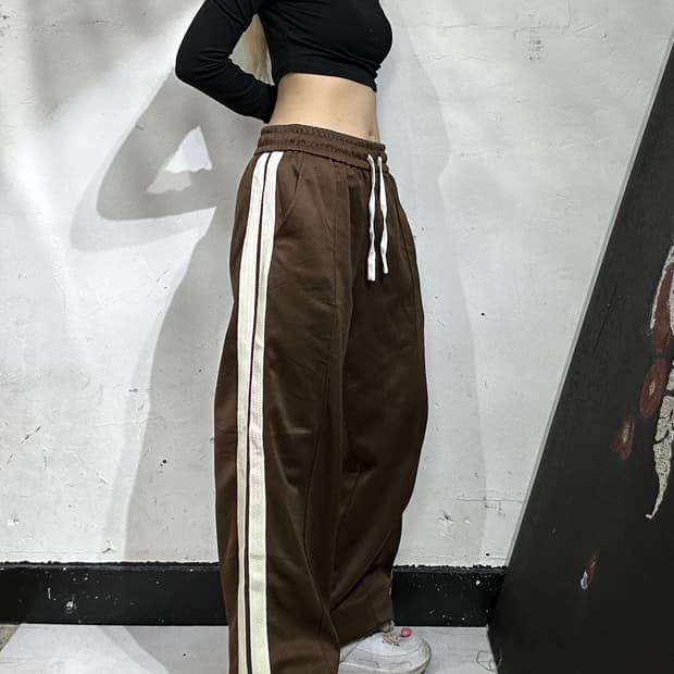 일본 빈티지 와이드 브라운 사이드 라인 추리닝 바지 트레이닝 팬츠 L