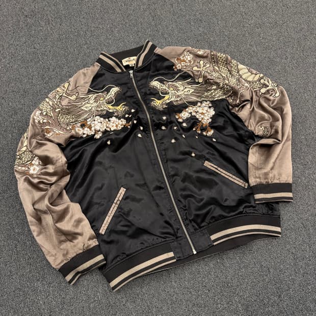 2XL) 카라쿠리 타마시 빈티지 용 자수 스카쟌