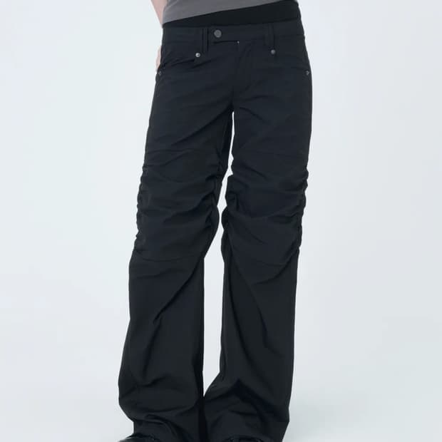Ribbed layered shirring pants BLACK