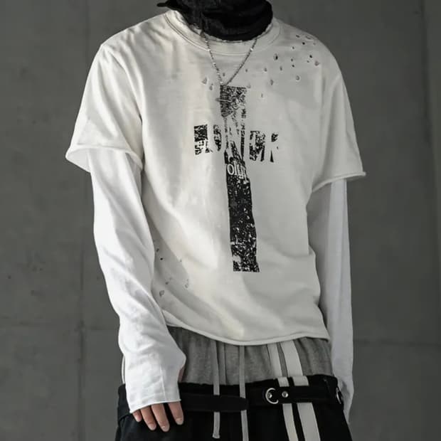 로어링라드 크로스 데미지 슬럽 티셔츠 화이트 L