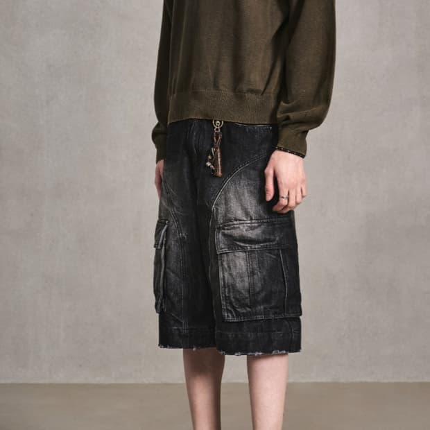 엘무드 카고 와이드 하프 데님 팬츠 크랙블랙46사이즈