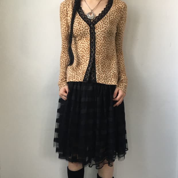 Lace trimming leopard pattern knit cardi