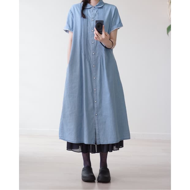 Light denim round collar one-piece