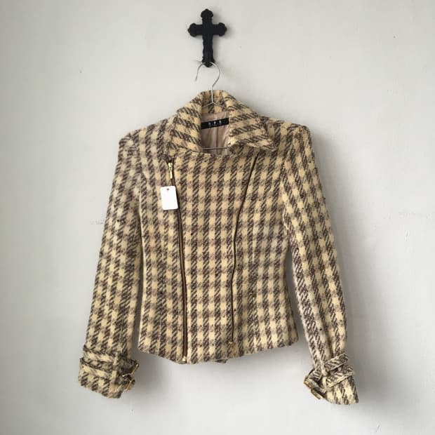 Woolen check pattern rider jacket