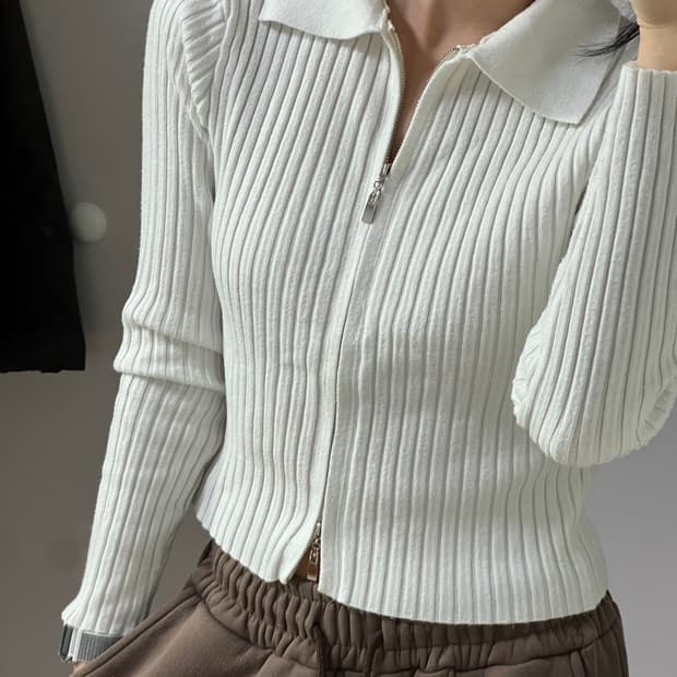 화이트 골지 카라넥 투웨이 집업 니트