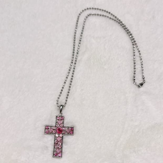 일본 핑크 페어리 핀터깔 큐빅 포인트 십자가 실버 체인 목걸이