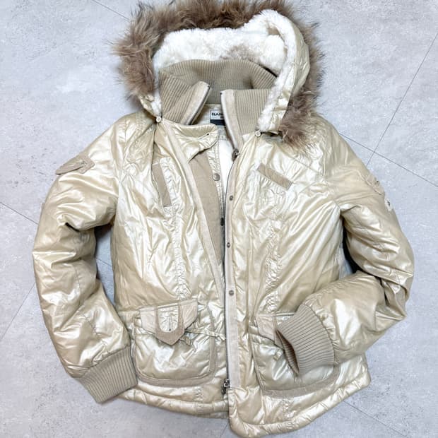 Y2k 니트 레이어드 베이지 퍼 후드 패딩