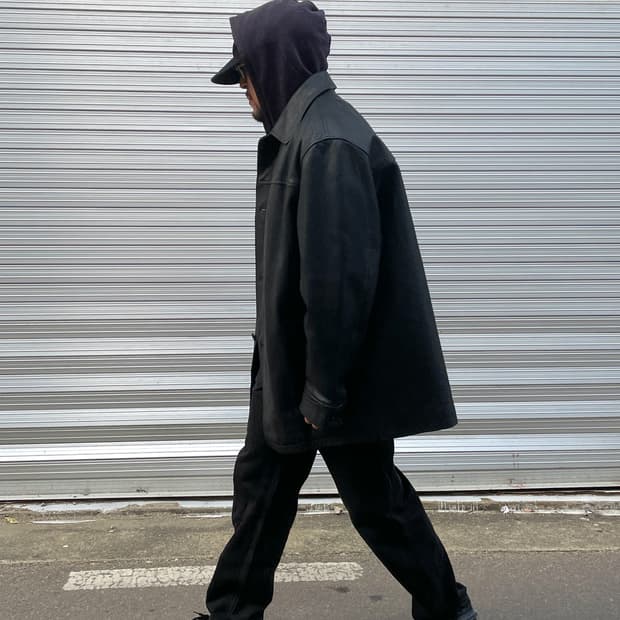 90-00s Old GAP Leather Black Car Coat