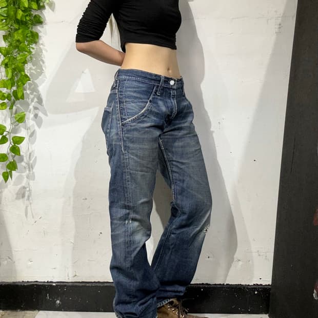 일본 빈티지 진청 와이드 워싱 데님 팬츠 청바지 M