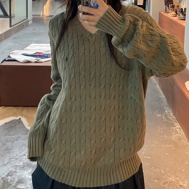 폴로 랄프로렌 올리브 코튼 브이넥 꽈배기 니트 H126