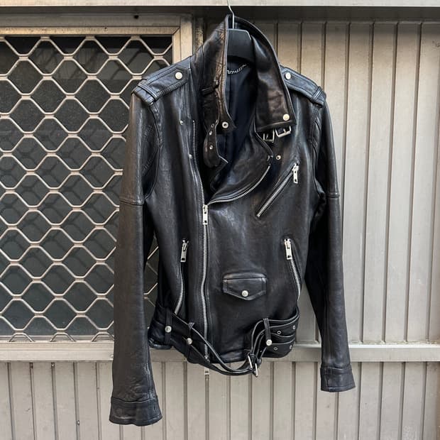 Sheepskin belted 2way leather jacket