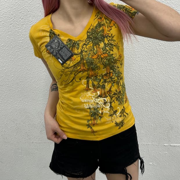 00s USA 오리엔탈 프린팅 머스타드 브이 반팔 S