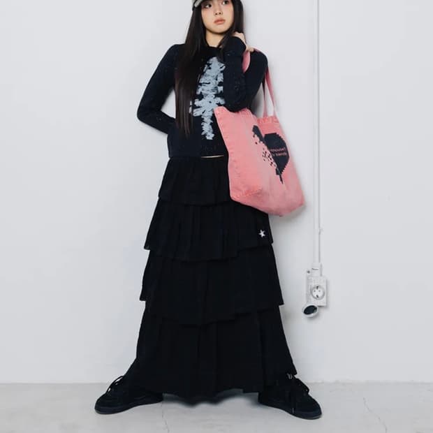 웹하우스 트위스터 체크 티어드 스커트 블랙