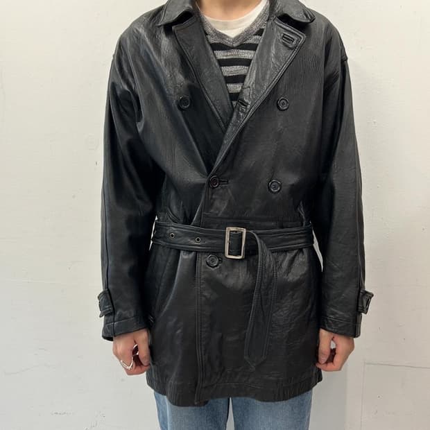 블랙 가죽 트렌치 코트 벨트 더블 버튼