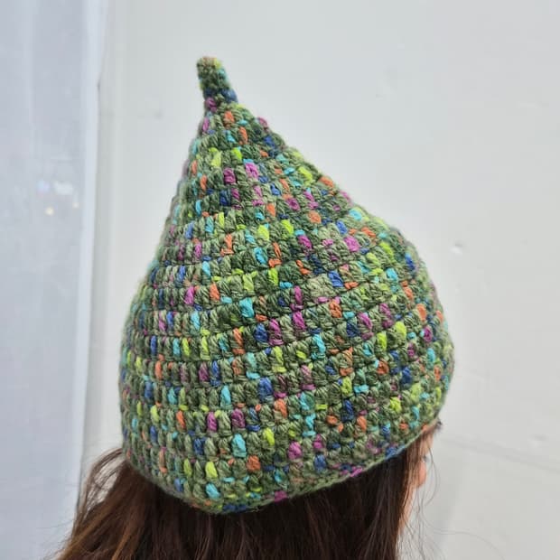 핸드메이드 뜨개 그린 멀티컬러 요정모자 비니
