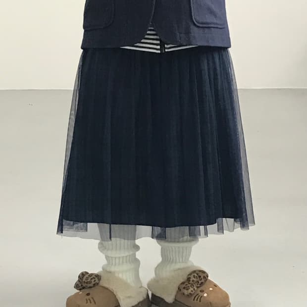 Jpn Navy Layered Green Plaid Midi Skirt