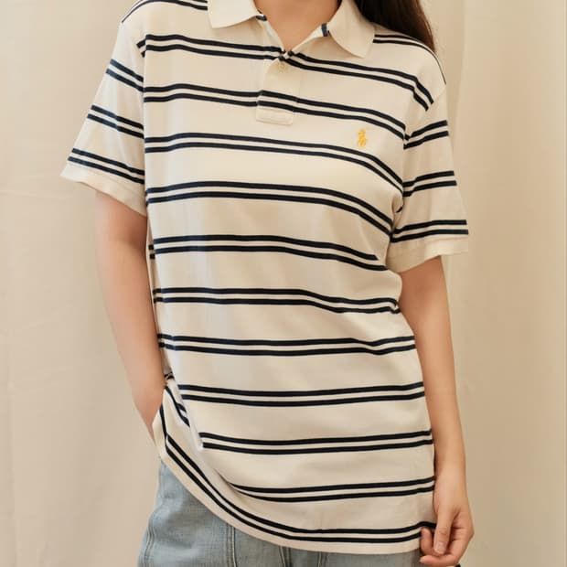 폴로 커스텀핏 스트라이프 pk 카라티 반팔 아이보리/블랙