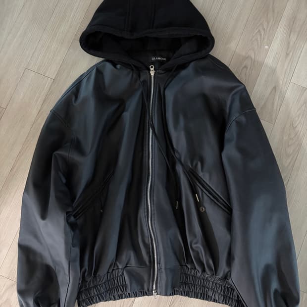 후드 레더 자켓 블랙