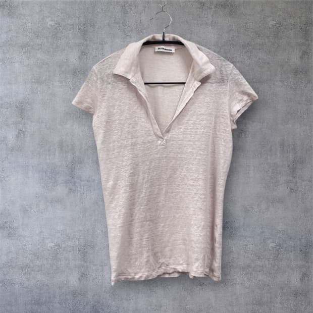 질샌더 Jil Sander 라이트핑크 린넨 오픈카라 반팔 티셔츠 S