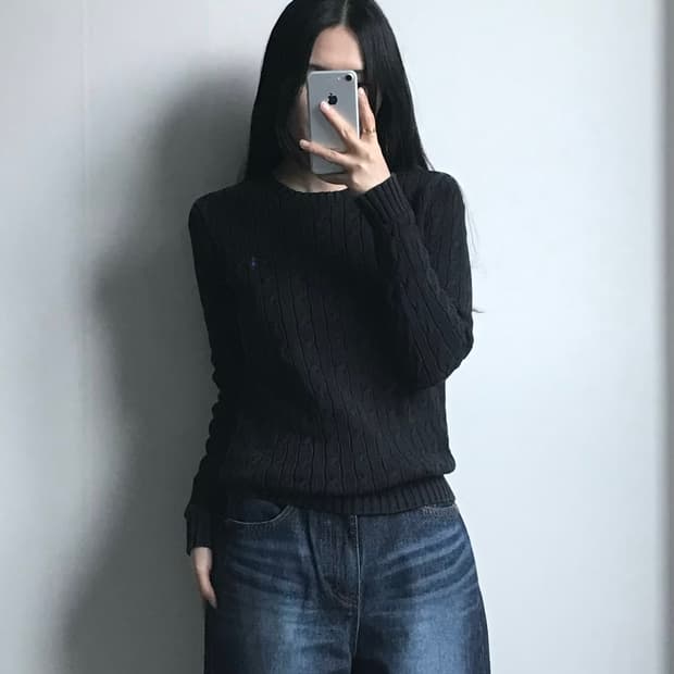 폴로 랄프로렌 자수로고 블랙 꽈배기 니트