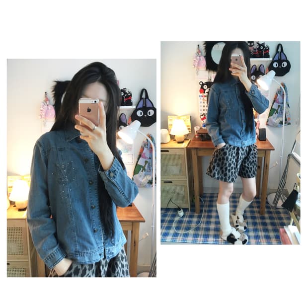 vintage cubic flower denim jacket blue