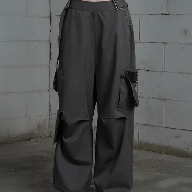 에트오소메 벨트 투포켓 컷라인 오버핏 팬츠 차콜 