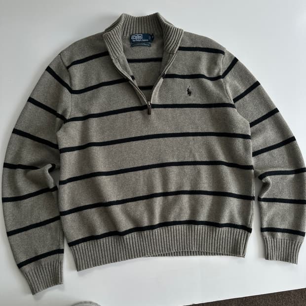 Polo 폴로 랄프로렌 그레이 블랙 단가라 하프집업 니트