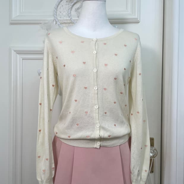 CINEMA CLUB ivory heart embroidery cardi