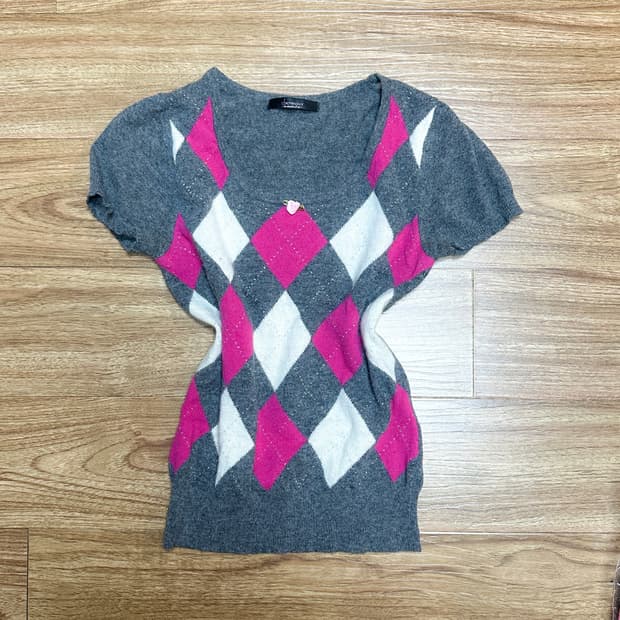 빈티지 핑크 장미 아가일 반팔 티셔츠 니트 히메갸루 로걀 라떼 히메카지