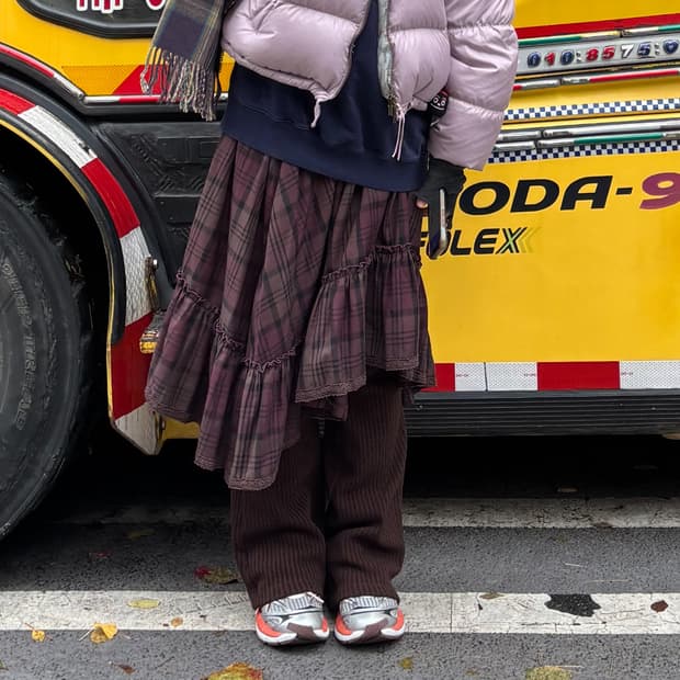 빈티지 체크 레이스 캉캉 비대칭 스커트