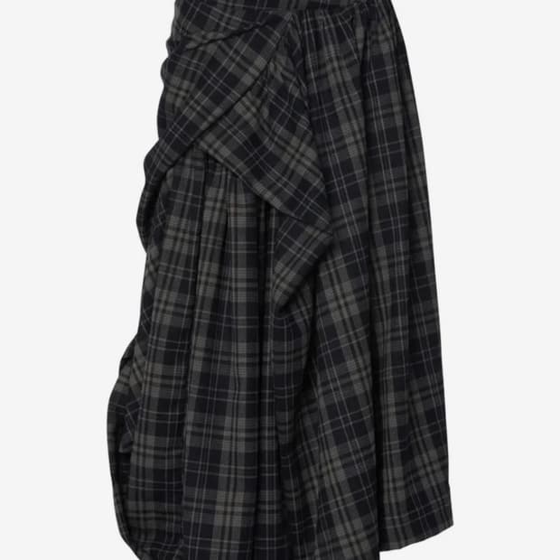 플레어업 비대칭 드레이프 레이어드 체크 롱스커트