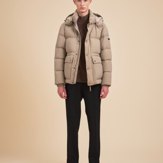 헤지스남성  베이지 후드탈착 구스다운 패딩 점퍼 95 23SS